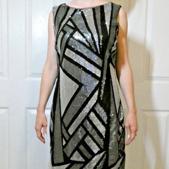 Sequin Dress Size 8 Prom Black Gray Silver Geometric Sparkles Cutout Back OOAK - Picture 5 of 11